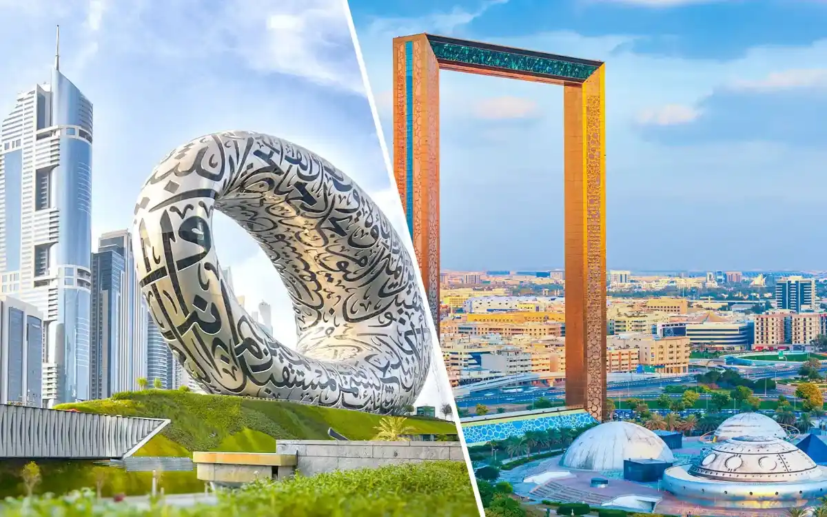 Struttura del telaio di Dubai con una facciata dorata e specchiata alla luce del tramonto.